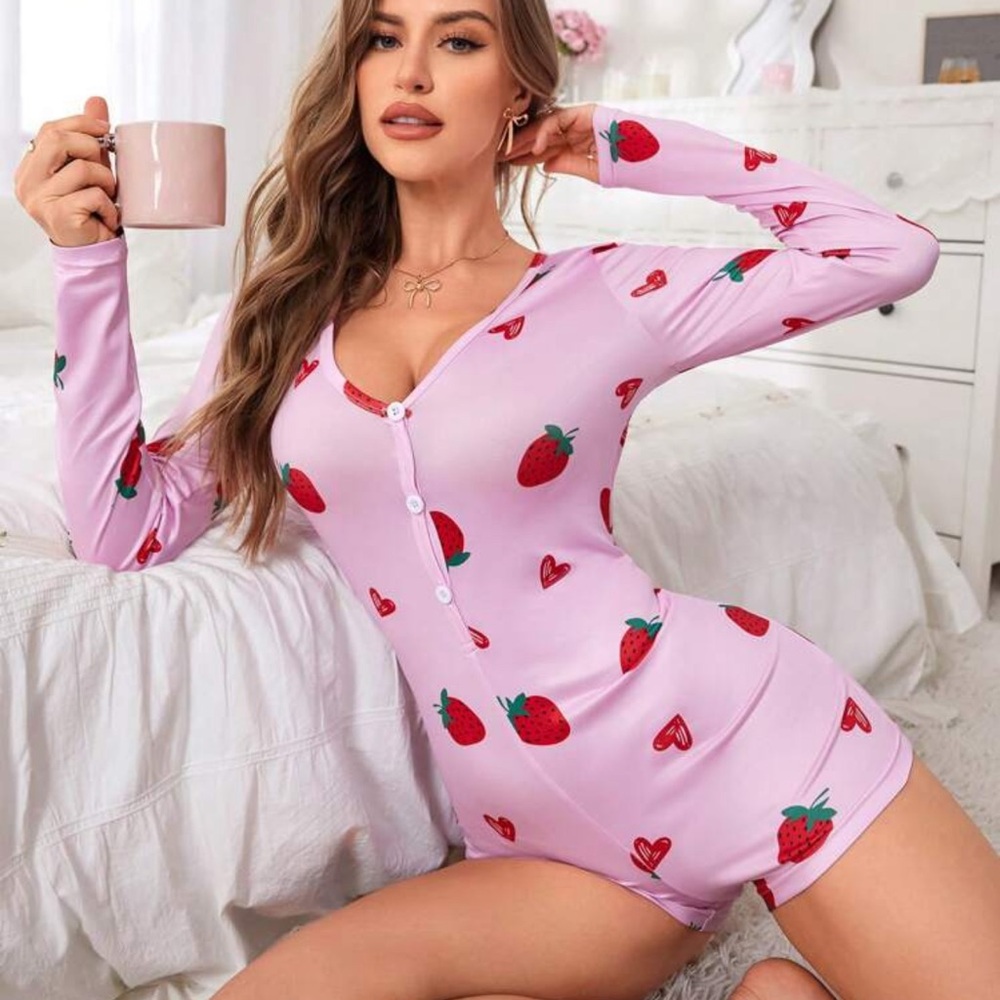 Cherry Print Women Jumpsuit Pajama Set - Picture 4 of 4